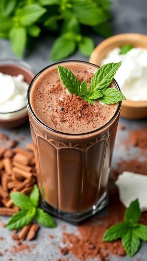 A tall glass of cocoa mint smoothie garnished with mint and cocoa powder, surrounded by cocoa and mint ingredients.